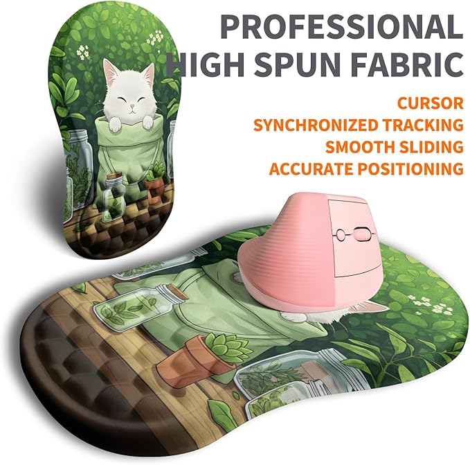 Ergonomic Joint Wrist Support Mouse Pad with Memory Foam Cushion Massage Bump, Carpal Tunnel Pain Relief Mousepad Slope Design for Wrist Rest, 11.8x7.9 in, Cute Kitten
