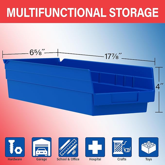 Akro-Mils 30138 Plastic Shelf Bins, Heavy Duty Storage Bins for Garage, Closet, and Drawer Organization, 18-Inch x 6-1/2-Inch x 4-Inch, Red, 12-Pack