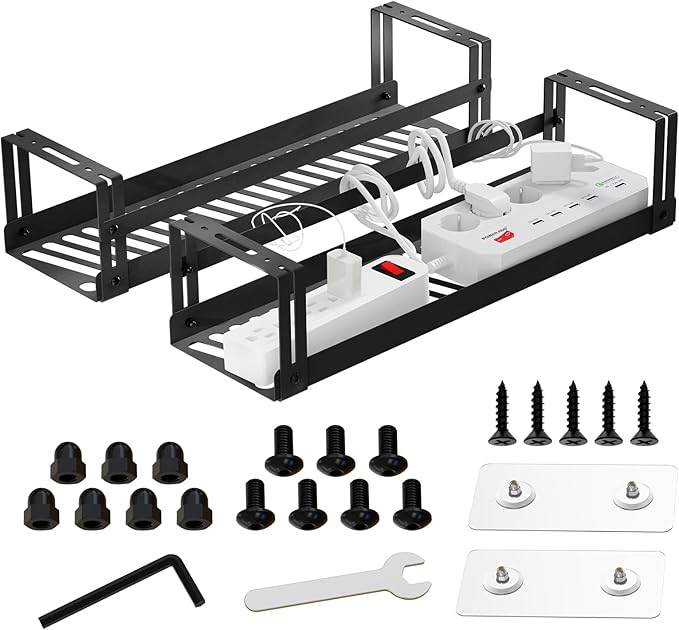 Under Desk Cable Management Tray, 17 in Metal Cable Tray Basket for Wire Management, Power Strip Holder, Cord Organizer, Wire Tamer for Home/Office Desk Cable Hider Black, 2 Pack