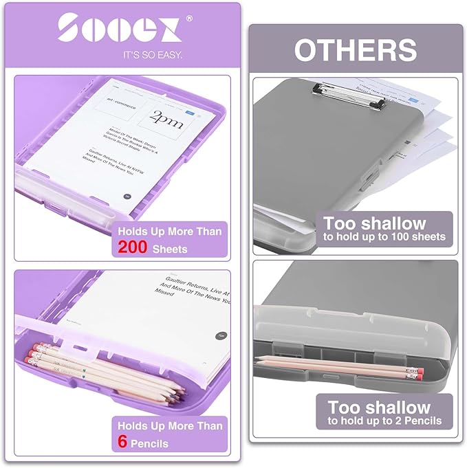 Sooez Clipboard with Storage, High Capacity Nursing Clip Board 8.5 x 11 with Pen Holder & Low Profile Clip, Plastic Clipboards Case Box, Teacher Must Haves School Office Supplies,Letter Size/ A4