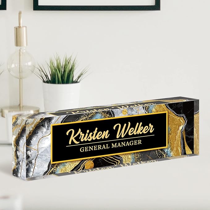 Personalized Name Plate, Custom Office Decor - Acrylic Desk Accessory, Office Gifts for Employees (Black Coast)