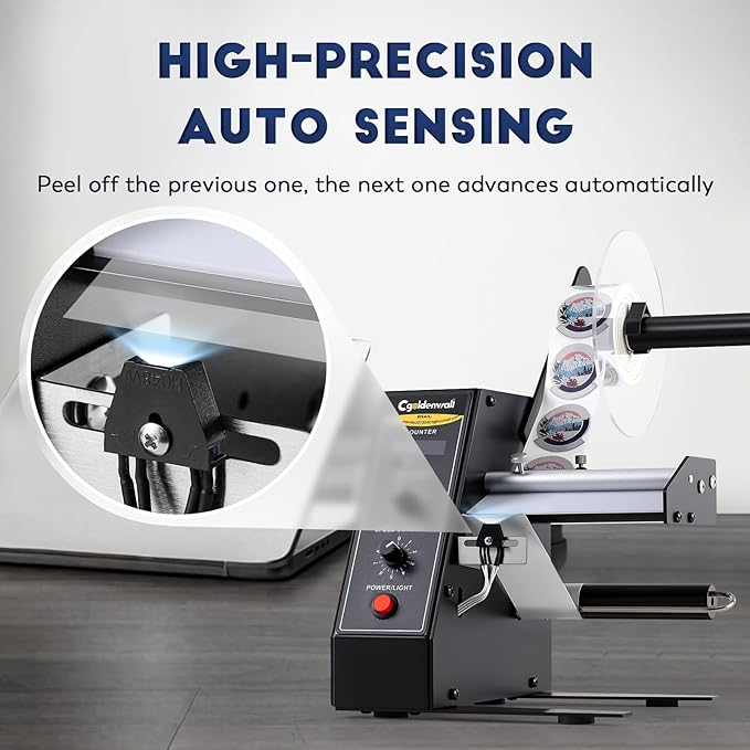 CGOLDENWALL Upgraded Automatic Label Dispenser, Up to 9 Multi-Row Counting, High Precision Auto Sensing, Speed Adjustable, Length 0.12-5.9" Width 0.16-5.5", Sticker Dispenser for Rolls Various Labels