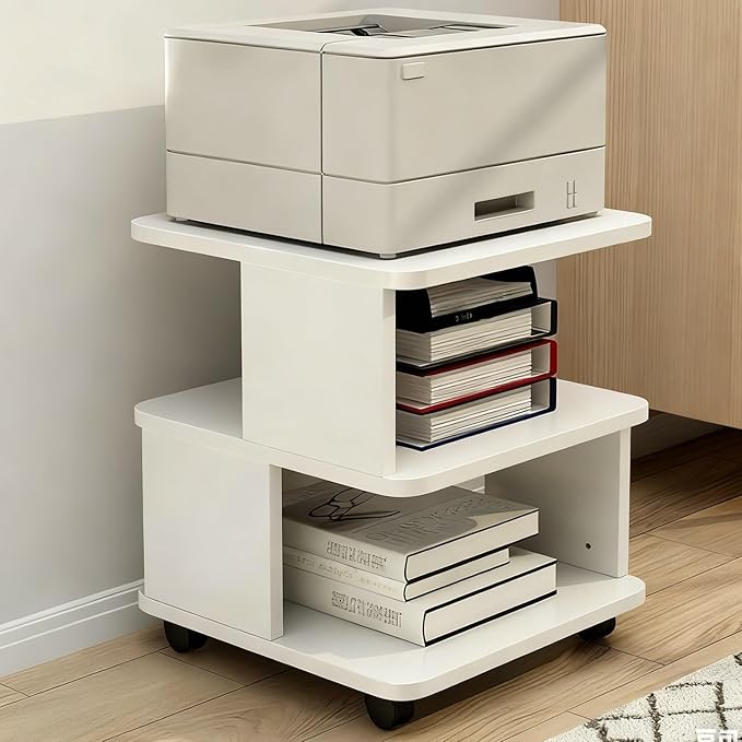 Under Desk Drawer Wooden 2 Tier Printer Shelf with Storage，Mobile Cart Wooden File Cabinets with Open Storage Shelf(White,19.7x19.7x19.7in)