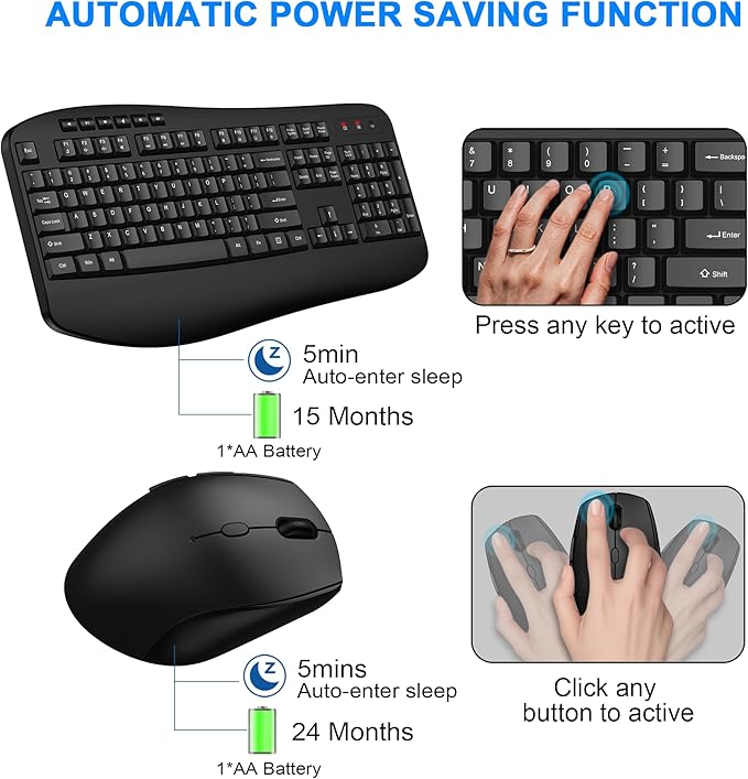 Wireless Keyboard Mouse Combo, EDJO 2.4G Full-Sized Ergonomic Keyboard with Comfortable Palm Rest and Optical Wireless Mouse for Windows, Mac OS PC/Desktops/Laptops (Black)