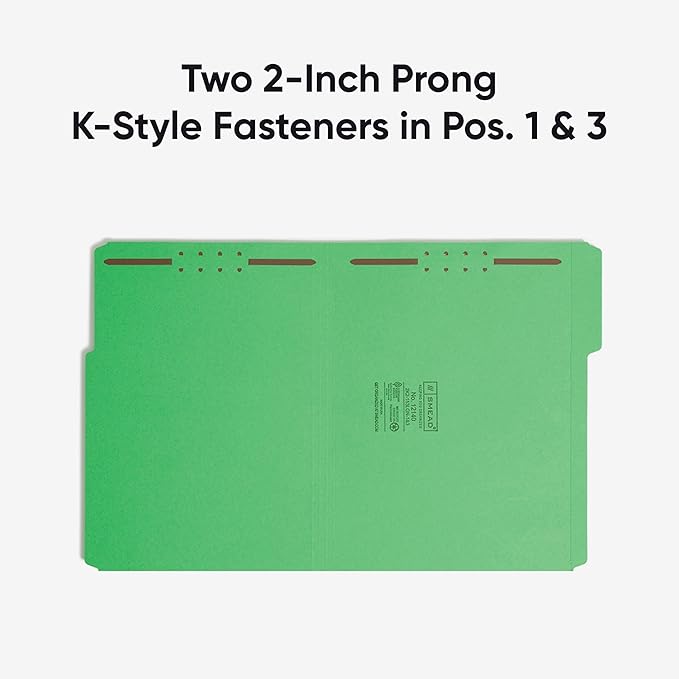 Smead Fastener File Folders, Reinforced 1/3-Cut Tabs, 2 Fasteners, Letter Size, Green, 50 per Box (12140)