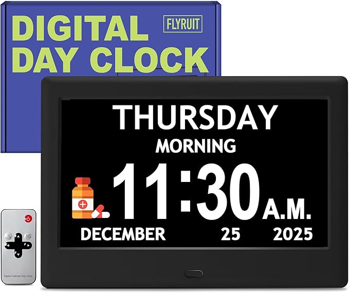 7'' Dementia Clock For Seniors, Large Display Digital Clock With Date, Time, Day Of Week for Elderly, Memory Loss, Alzheimer, 1024*600P HD, 10 Reminders & 6 Alarms, Auto Dimming & DST, Remote Control