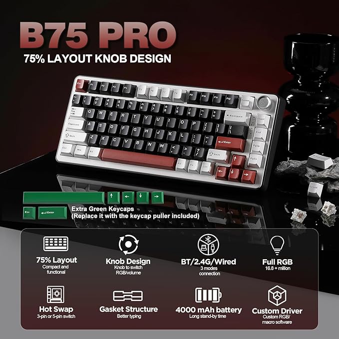 YUNZII B75 PRO Wireless Mechanical Keyboard,75% Layout with Knob,Hot Swap Gasket Custom Structure,Creamy Pre-lubed Switches,RGB Backlit,Bluetooth/Type-C/2.4G for Win/Mac(Cocoa Cream V2 Switch,Black)
