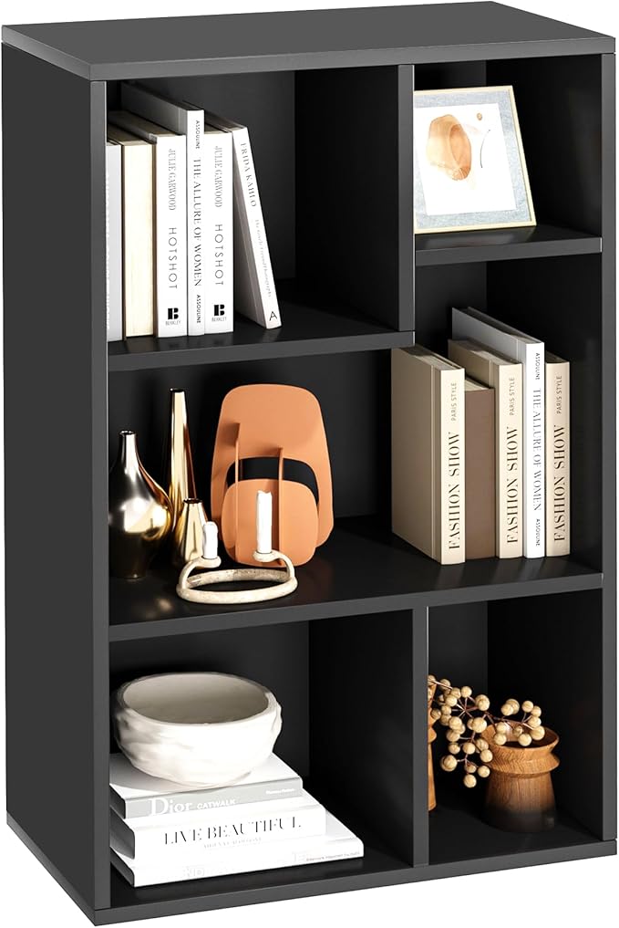 VECELO 31 Inch High Modern Kids Bookcase, 3-Tier Wide Bookshelves, 5 Cube Storage Organizer with Anti-tip Kit, Different Height Open Storage Fits Tallest Hardcovers, Easy to Install,Black