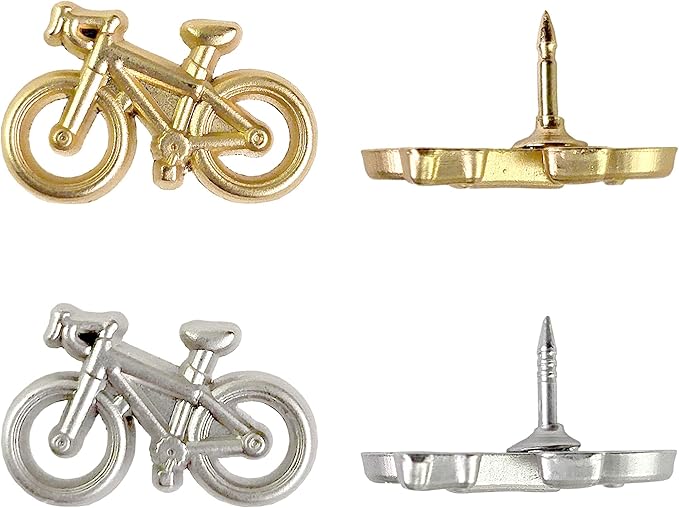 Bicycle Push Pins - Gold Metal Bike Pins - for Cork Board, Maps, or Lapel Pin Use - Designed in USA - Set of 10