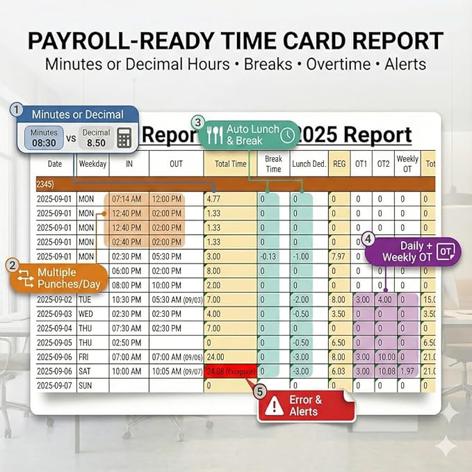 5s Setup Time Clock – App-Based, Multi-Punch Daily, Auto Break, Lunch & Overtime Rules, Local Data Storage, No Monthly Fees, 10 IC Cards, Time Clocks for Employees Small Business