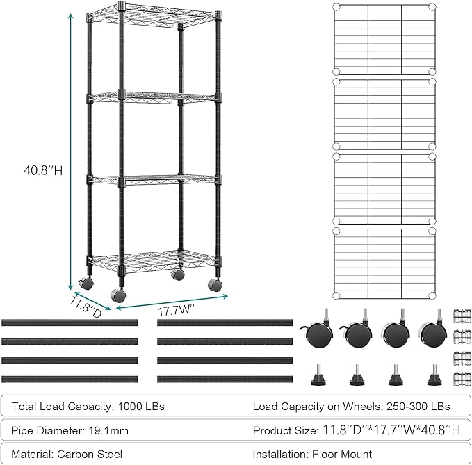 4-Shelf Adjustable Heavy Duty Steel Wire Rack, Adjustable Storage Shelving Unit with Wheel for Kitchen, Garage, Laundry Black 11.8" D x 17.7" W x 40.8" H