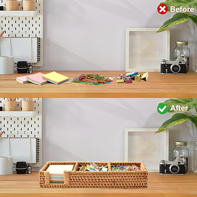 3 x 3 Inch Sticky Note Holder,Rattan Post It Note Dispenser,3 Slot Sticky Note Dispenser,Wicker Post It Holder for Home Office Desk Decor,Honey Brown