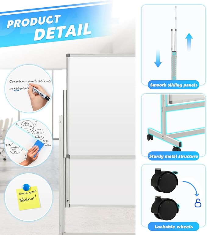 MAKELLO Rolling Whiteboard on Wheels 60x48 in, Large Dry Erase Board with Stand, Double Sided Magnetic White Board for Office School Home, Height Adjustable, Aluminum Frame, 5'x4'