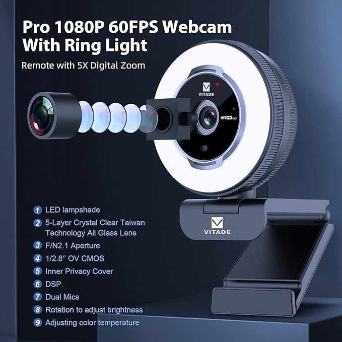 Vitade Zoomable Webcam with Remote Control, 1080P 60FPS Streaming with Ring Light and Microphone, Pro USB Webcam with 5X Digital Zoom and Privacy Cover for Zoom/Skype/Teams/PC/Laptop/Mac