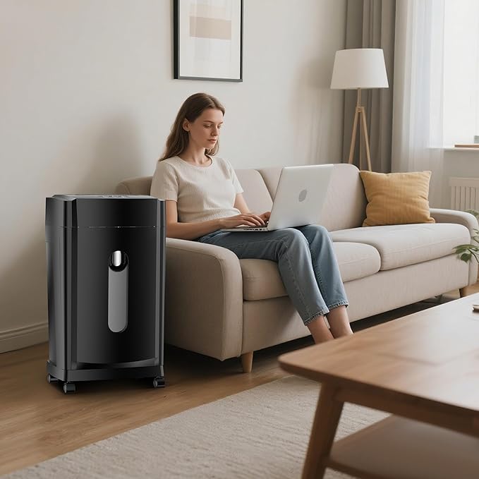 KRT Ultra-Quiet Paper Shredder 38dB,30 Min Run Time,15 Sheet Cross-Cut (4x38mm) for Office/Home,8 Gal Pullout Bin with Casters,Shreds CDs/Credit Cards,Anti-Jam Technology,Black