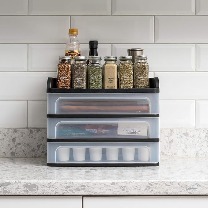 IRIS USA Plastic Desk Top 3-Drawer Storage Organizer with Paper Tray Top, 1-Pack, for Makeup Vanity Nail Polish Bathroom Stationery Art Craft Supplies Kitchen Office Garage Organization, Medium, Black