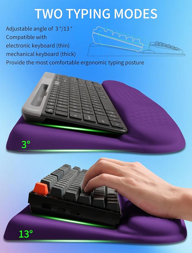 Ergonomic Wave Wrist Rest with Keyboard Stand, Cushioned Palm Rest, Comfortable Integrated Memory Foam for Natural Typing and Relieve Wrist Pain, Rich Purple