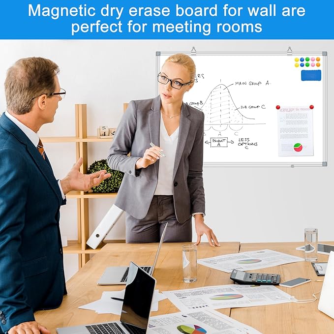 White Board Dry Erase Whiteboard for Wall 36" x 24" Aluminum Presentation Magnetic Whiteboards with Long Pen Tray, 12 Magnets, 3 Markers & 1 Eraser