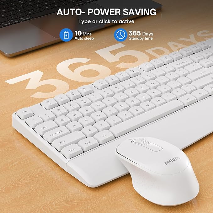 PHILIPS Wireless Keyboard and Mouse Combo-Ergonomic Keyboard and Mouse Wireless Combo with Silent Design,Plug n' Play,Sleep Mode and 2.4GHz Keyboard for Mac, Windows, Laptop-White