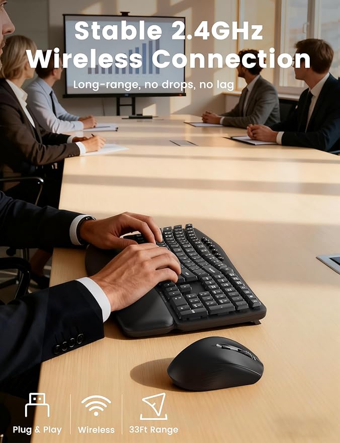 Ergonomic Wireless Keyboard and Mouse Combo, 30dB Quiet Full Size Keyboard Set with Wave Keys & Soft Palm Rest, Dual-System Switch for Windows/Mac, Ideal for Business Teams Home Office—Sablute
