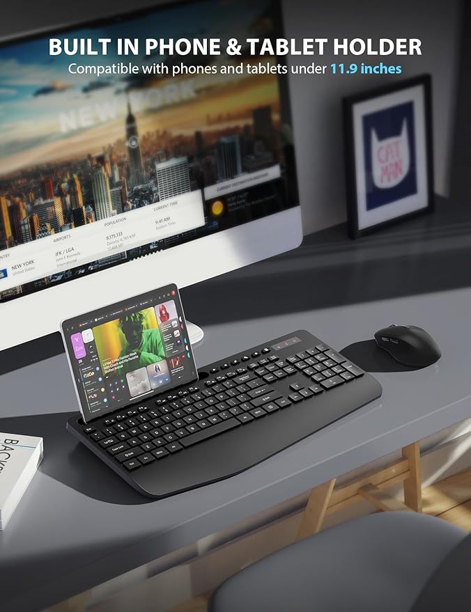 Wireless Keyboard and Mouse Combo - Full-Sized Ergonomic Design with Cushioned Wrist Rest, Built-in Phone Stand, Quiet 2.4GHz USB Connectivity for PC, Laptop - Trueque (Black, 2 Pack)