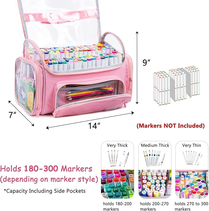 Large Marker Organizer Case Holds 200-300 Markers | Art Marker Storage Bag with Removable Dividers & Clear Top for Artists, Crafters & Travel - Pen, Pencil Alcohol Marker Holder - Art Supply