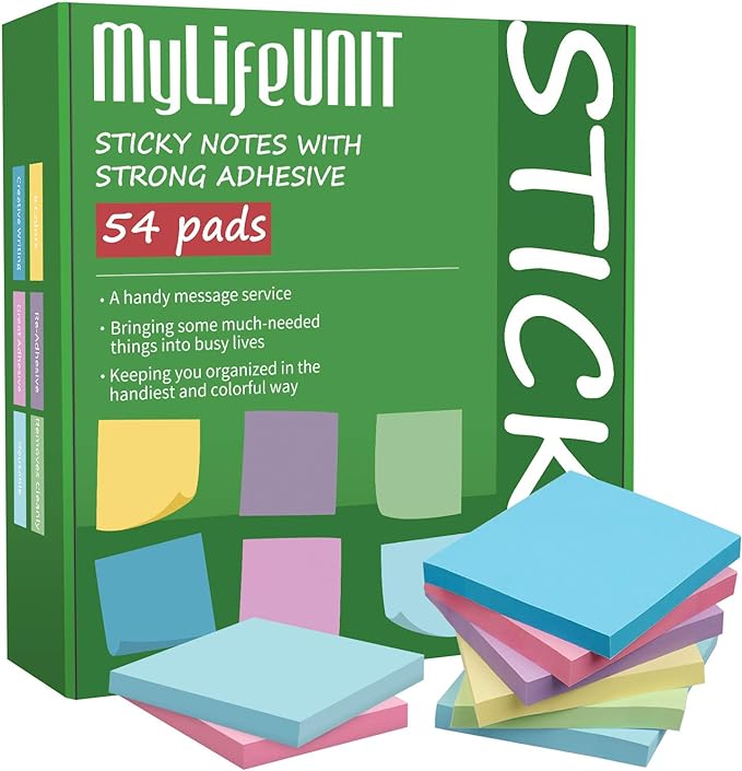 MyLifeUNIT Sticky Notes 3x3, Bulk Pack 54 Note Pads 5400 Sheets for Daily Reminder, Self-Stick Notes with 6 Assorted Colors