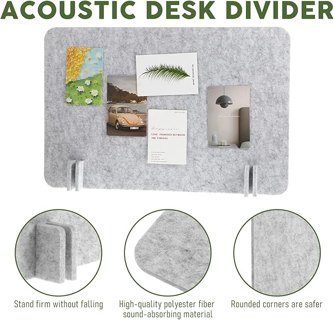 BOHUIZ 2pcs Acoustic Desk Privacy Panel, 24 x 16" Desk Dividers for Students Desk Partition with Support Feet for Office or Home Use(Silver Gray)