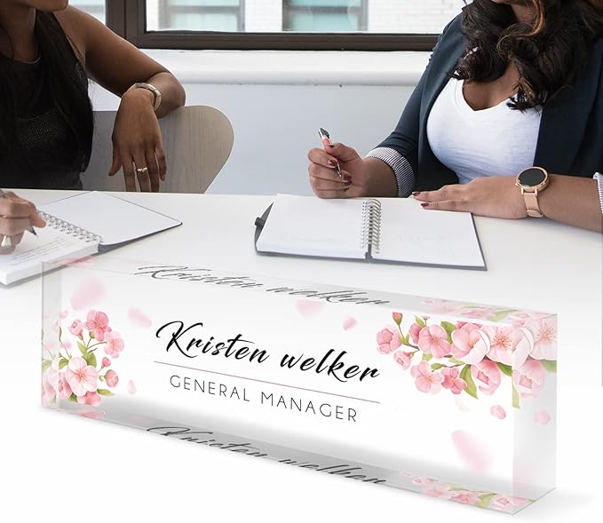 Personalized Office Name Plate for Desk, Custom Employee Appreciation Gifts, Acrylic Desk Name Plate Funny, Desk Decorations Gift, Acrylic Desk Ornaments… (Pink Orchids)