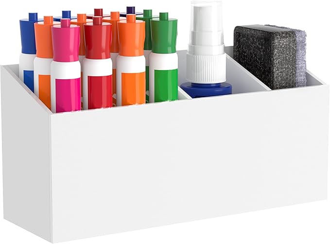 HBlife Magnetic Dry Erase Marker Holder for Whiteboard with 3 Compartments, Acrylic Wall Mount Magnet Pen Pencil Holder for Refrigerator, Locker Organizer Accessories for Classroom Office, White