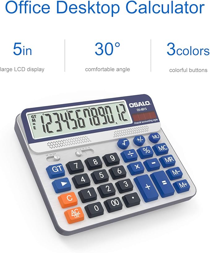 Desktop Calculator Extra Large 5-Inch LCD Display 12-Digit Big Number Accounting Calculator with Giant Response Button, Battery & Solar Powered, Perfect for Office Business Home Daily Use(OS-6815)