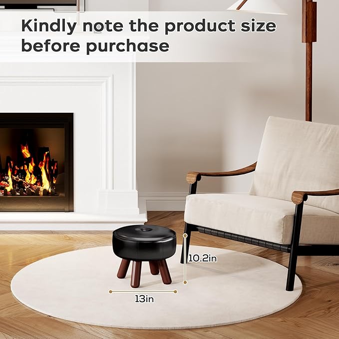 13in Small Foot Stool Ottoman, Round Faux Leather Foot Rest, Footstool Ottomans with Rubber Legs Under Desk, Footrest for Couch, Living Room, Bedroom, Office, 13''L x 13''W x 10.2''H, Black