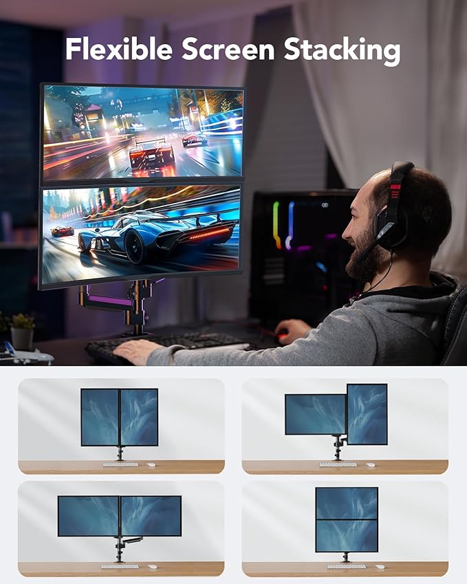 HUANUO Dual Monitor Mount up to 32 inches Screens, Taller Monitor Stand Hold 19.8lbs, Dual Monitor Arm Desk Mount Easy Adjustable with Tilt, Swivel, Rotation, VESA 75/100mm