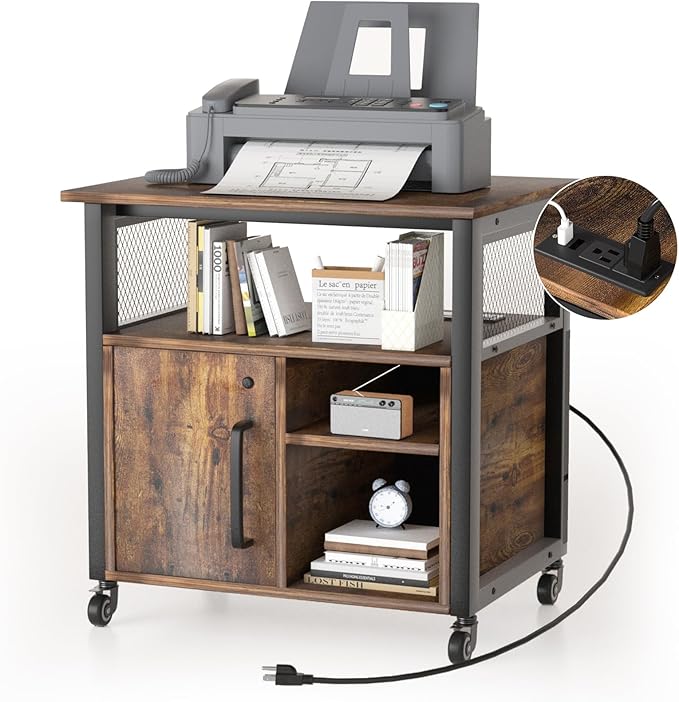 Lateral File Cabinet, Locking Office Filing Cabinets with Socket and USB Charging Port,printer cart with storage，Modern Rolling Printer Stand with Storage for Printer Scanner Fax，Brown