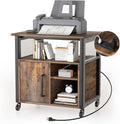 Lateral File Cabinet, Locking Office Filing Cabinets with Socket and USB Charging Port,printer cart with storage，Modern Rolling Printer Stand with Storage for Printer Scanner Fax，Brown