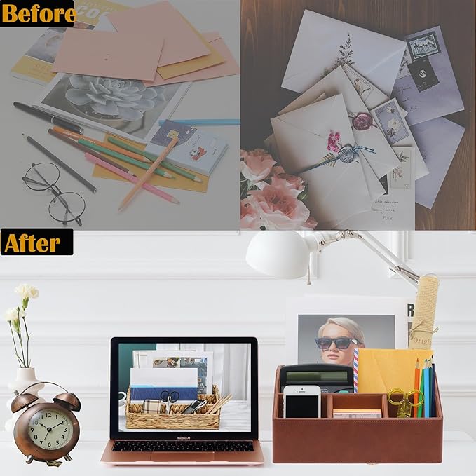 Desk Organizer, Mail Organizer Countertop, Bills Organizer, Mail Sorters, Magazine Holder, Desk Organizer and Accessories for Office Supplies, Brown Leather