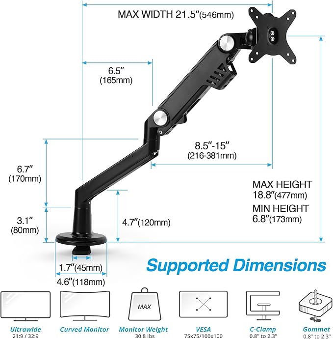 AVLT Single 13"-38" Monitor Arm Desk Mount - Fits One Flat/Curved/Ultrawide Monitor - Full Motion Height Swivel Tilt Rotation - VESA/C-Clamp/Cable Management