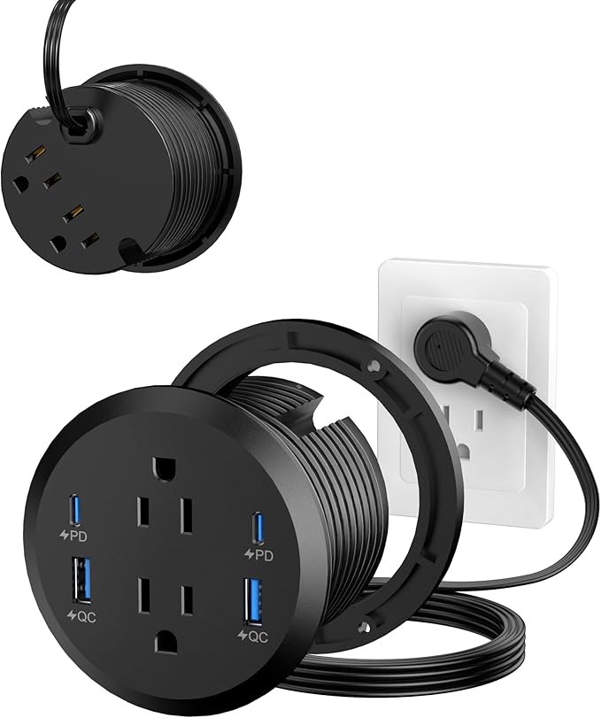 Jgstkcity Power Strip,Flush Mount Recessed Power Grommet,65W USB C Fast Charging,3-Inch Hole, 4 Outlets & 4 Ports, Ideal for Desktop & Countertop Outlet,Dual-Sided (Black, 10FT)