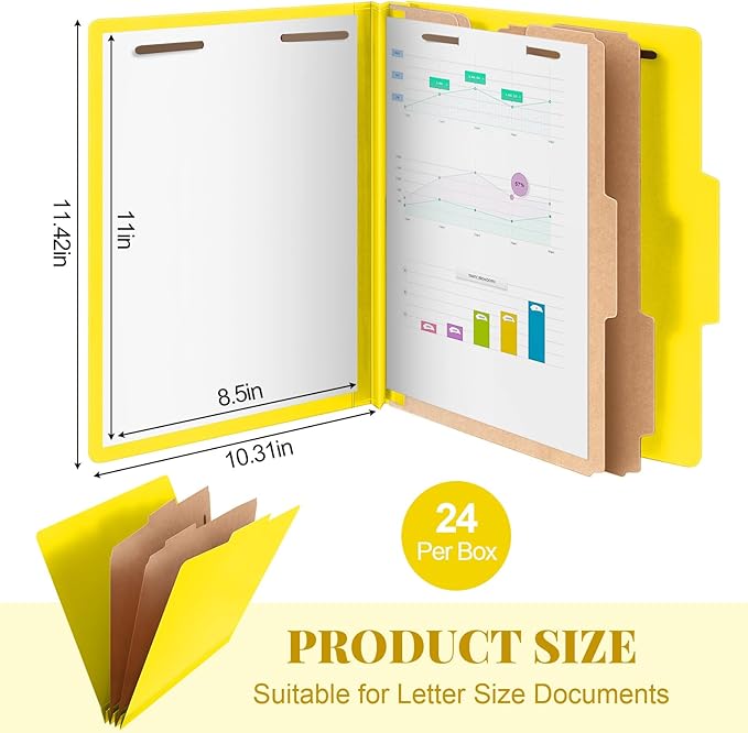 Skyygemm 24 Pcs Classification Folders Letter Size Bulk - 2 Dividers Pressboard File Folder with 3. 5 Inch Expansion, 2 Prongs Fastener, Heavy Duty Office File Organizer for Teacher Medical (Yellow)