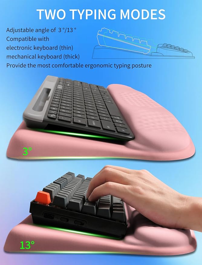 Ergonomic Wave Wrist Rest with Keyboard Stand, Cushioned Palm Rest, Comfortable Integrated Memory Foam for Natural Typing and Relieve Wrist Pain, Pink Serenity
