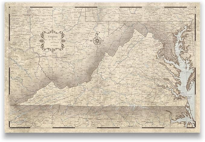 Push Pin Virginia Map Board - With Push Pins to Mark Virginia Travels - Handmade in Ohio, USA - Design: Rustic Vintage