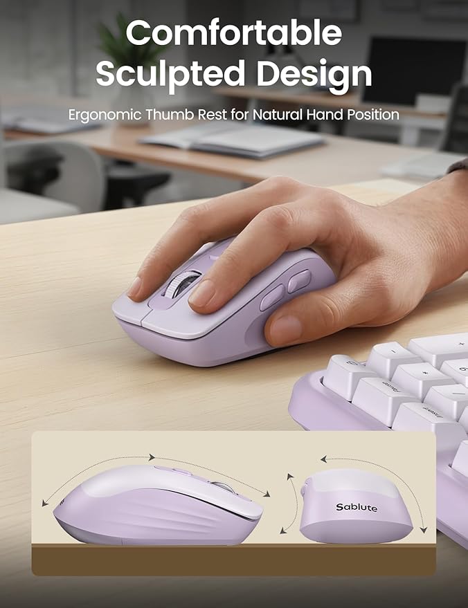 Purple Ergonomic Wireless Keyboard and Mouse Combo, Sablute 2.4G Full Size Ergo Wave Key Board with Cushioned Plam Rest, Natural Typing, 3 DPI Adjustable Silent Mouse for Computer/Laptop/Windows/Mac