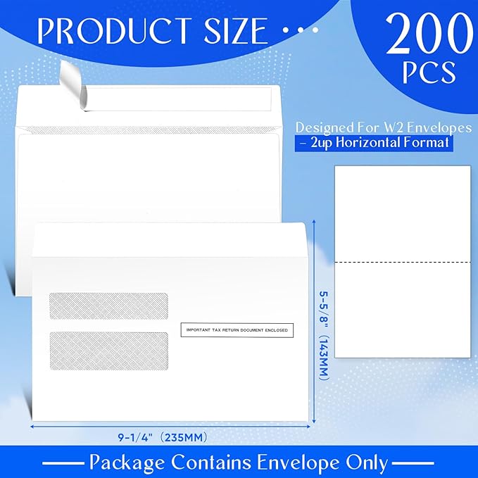 Sayglossy 200 Pcs W2 Envelopes 2025 Double Window Self Sealed Tax Security Envelopes, 9-1/4" X 5-5/8"