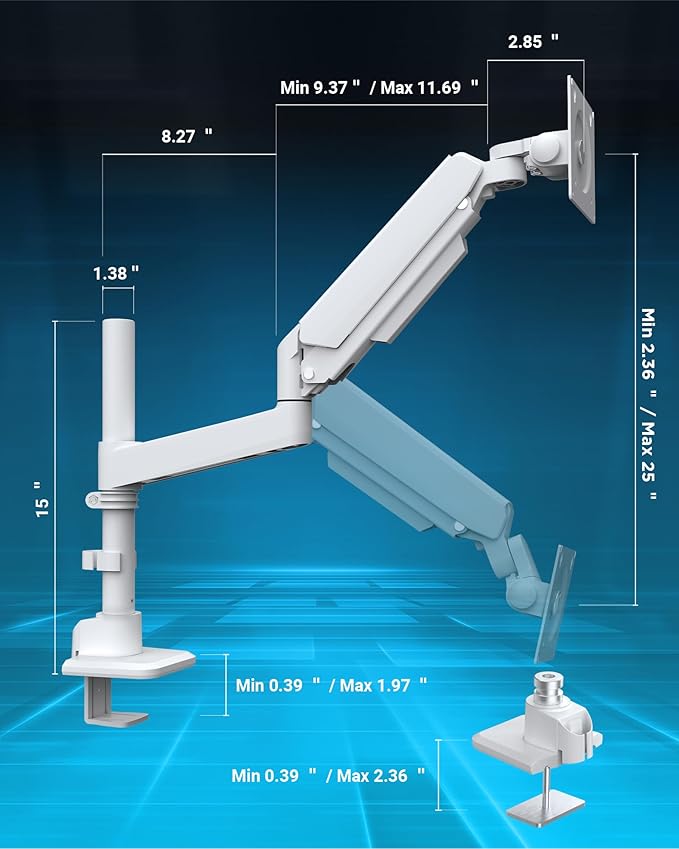 Heavy Duty Monitor Arm for 13-49 Inch Ultrawide Screens, Holds Up to 44lbs, Fully Adjustable Single Monitor Mount, with Clamp & Grommet Base, 75/100mm VESA Desk Mount, White