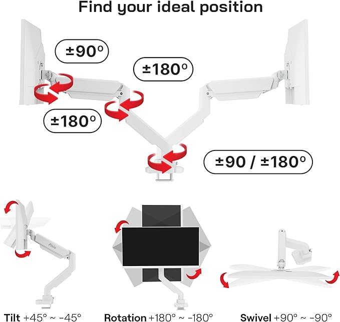 Pixio PS2S White Ultrawide Heavy-Duty Premium Single Monitor Arm Stand Desk Mount - Fits up to 49 inches Monitors, Weights up to 39lbs Flat / 31lbs Curved, Compatible with VESA 75x75 100x100mm