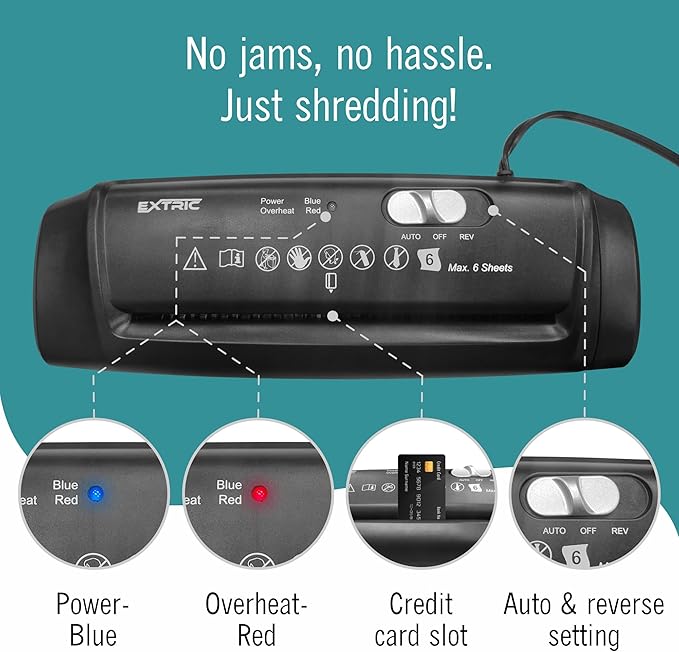 Paper Shredder for Home, Paper Shredders Heavy Duty with Extendable Arm – 6 Sheet Strip-Cut, Credit Card Slot, Mini Document Shredder Without Basket for Home, Office – Overheat, Jam Protection