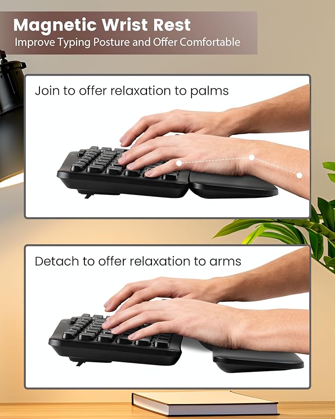 XUANGUI Silent Wireless Computer Keyboard and Mouse Combo with Magnetic Wrist Rest, Ergonomic Cordless Full Size Key Board and 4800 DPI Quiet Mice Set for PC Laptop Tablet, Office and Home Use