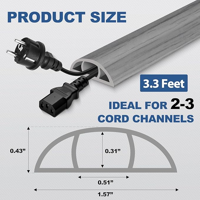 Floor Cord Cover for Wires on Floor Self Adhesive Cord Hider Floor Cable Management Wire Covers for Cords Protector Prevent Cable Trips Cord Cavity W 0.51" x H 0.31", Gray Wood, 3.3Ft