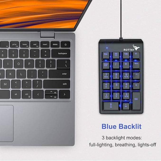 Rottay Number Pad, Mechanical USB Wired Numeric Keypad with Blue LED Backlit 22 Key Numpad for Laptop Desktop Computer PC Black (Blue switches)