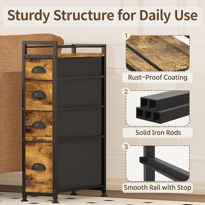 LASZOLA 4 Drawer Narrow Dresser Slim Cabinet Skinny Storage Tower Chest, Ideal for Small Spaces Bathroom Bedroom, Between Washer and Dryer, Lightweight Mobile on Wheels, Sturdy Fabric Drawers, Brown